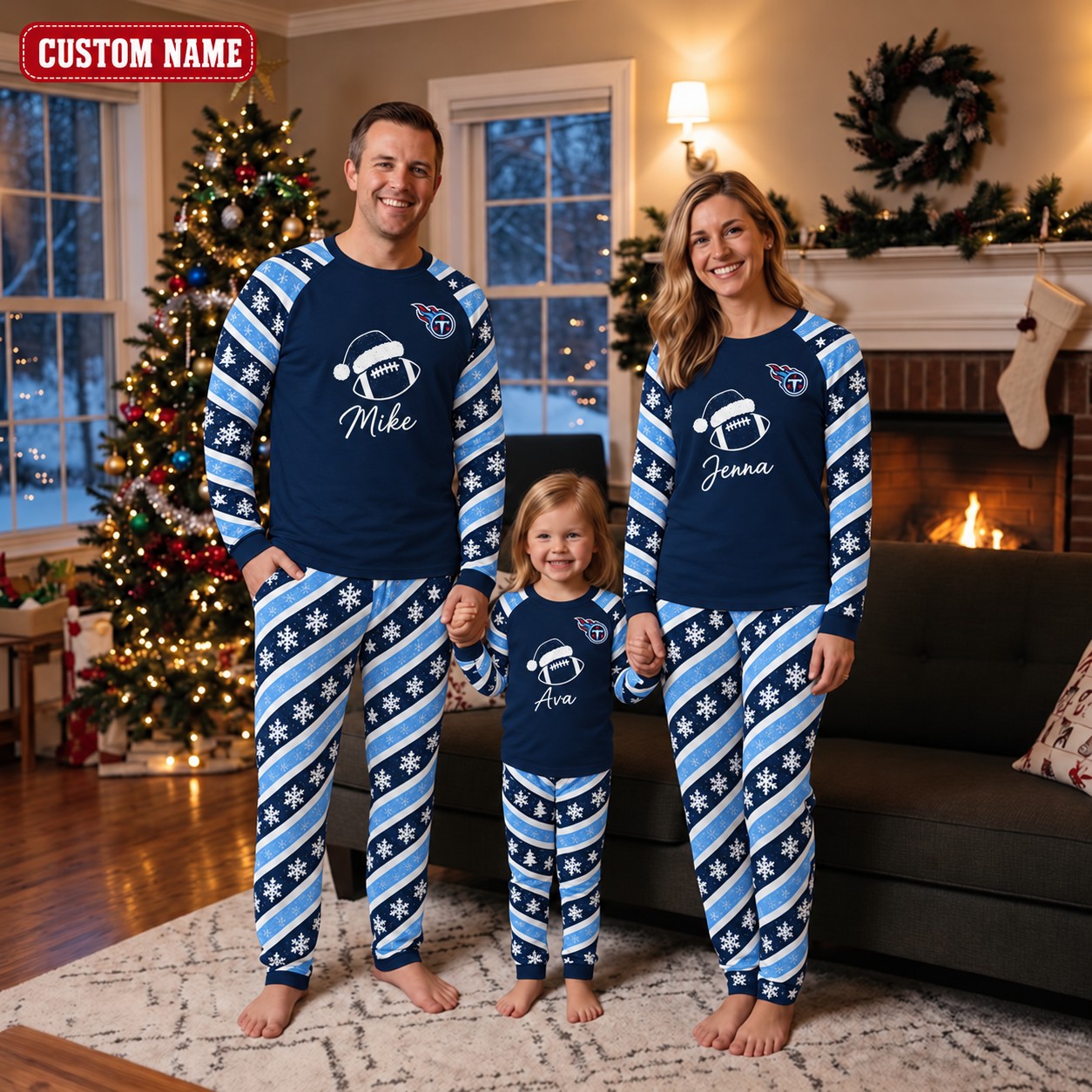 Tennessee Titans family Christmas pajamas, candy stripe design