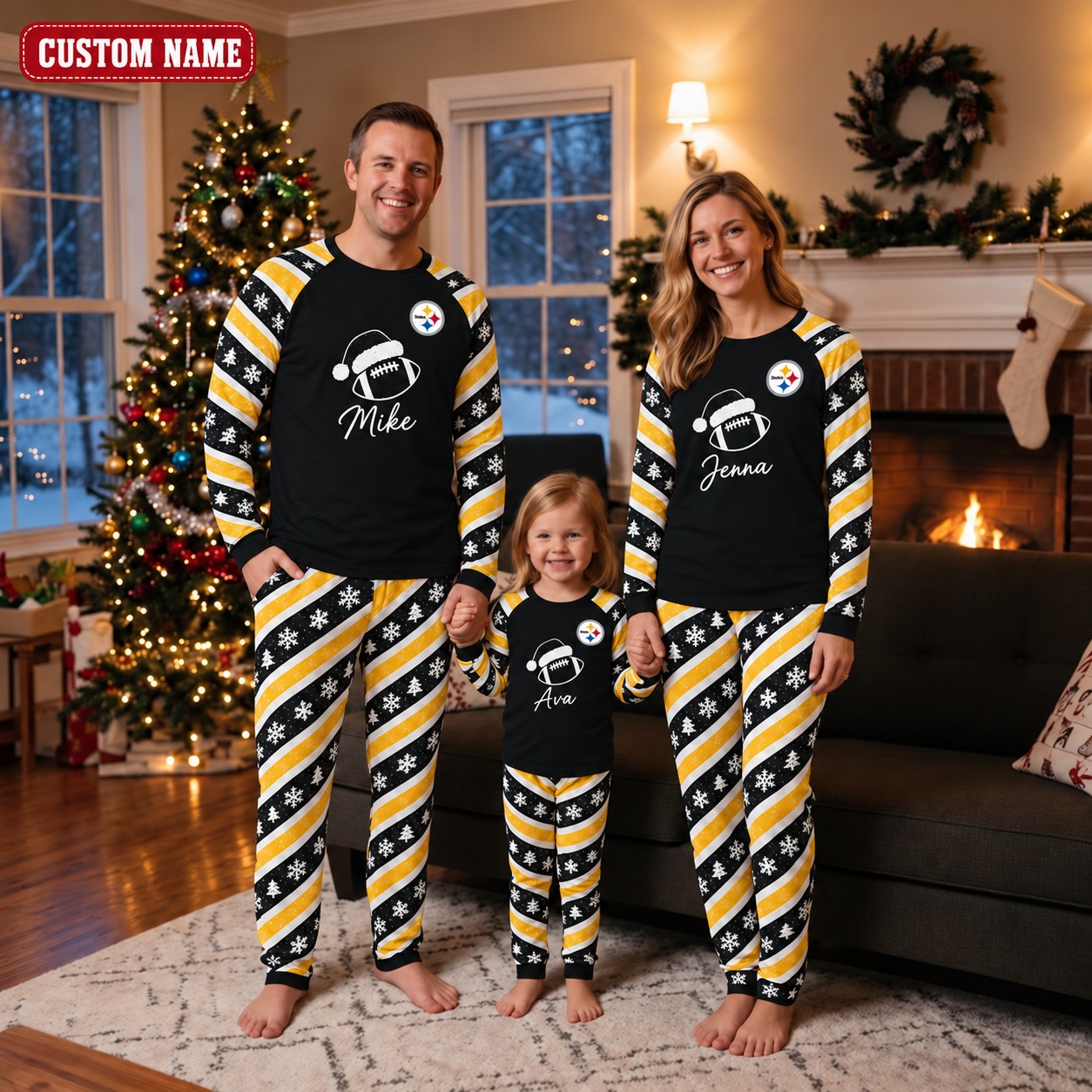 Pittsburgh Steelers family Christmas pajamas, candy stripe design