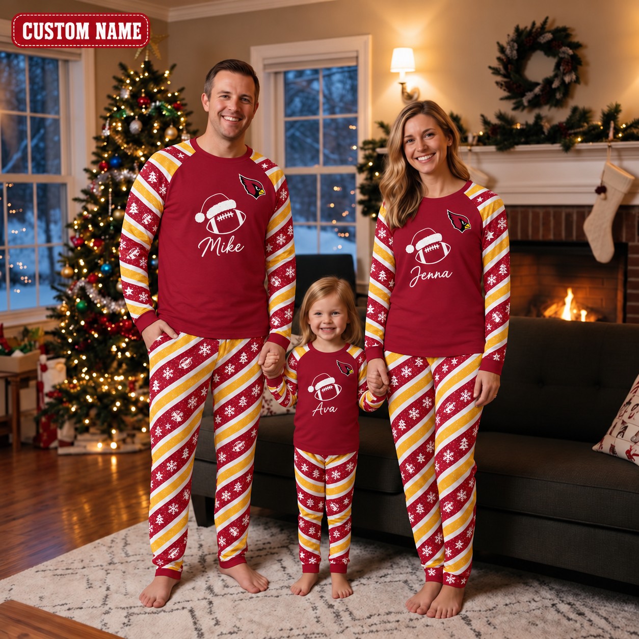 Arizona Cardinals family Christmas pajamas, candy stripe design