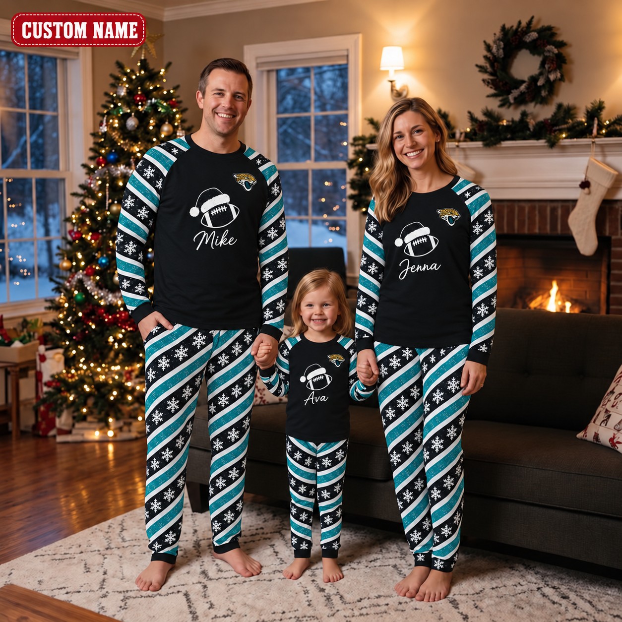 Jacksonville Jaguars family Christmas pajamas, candy stripe design