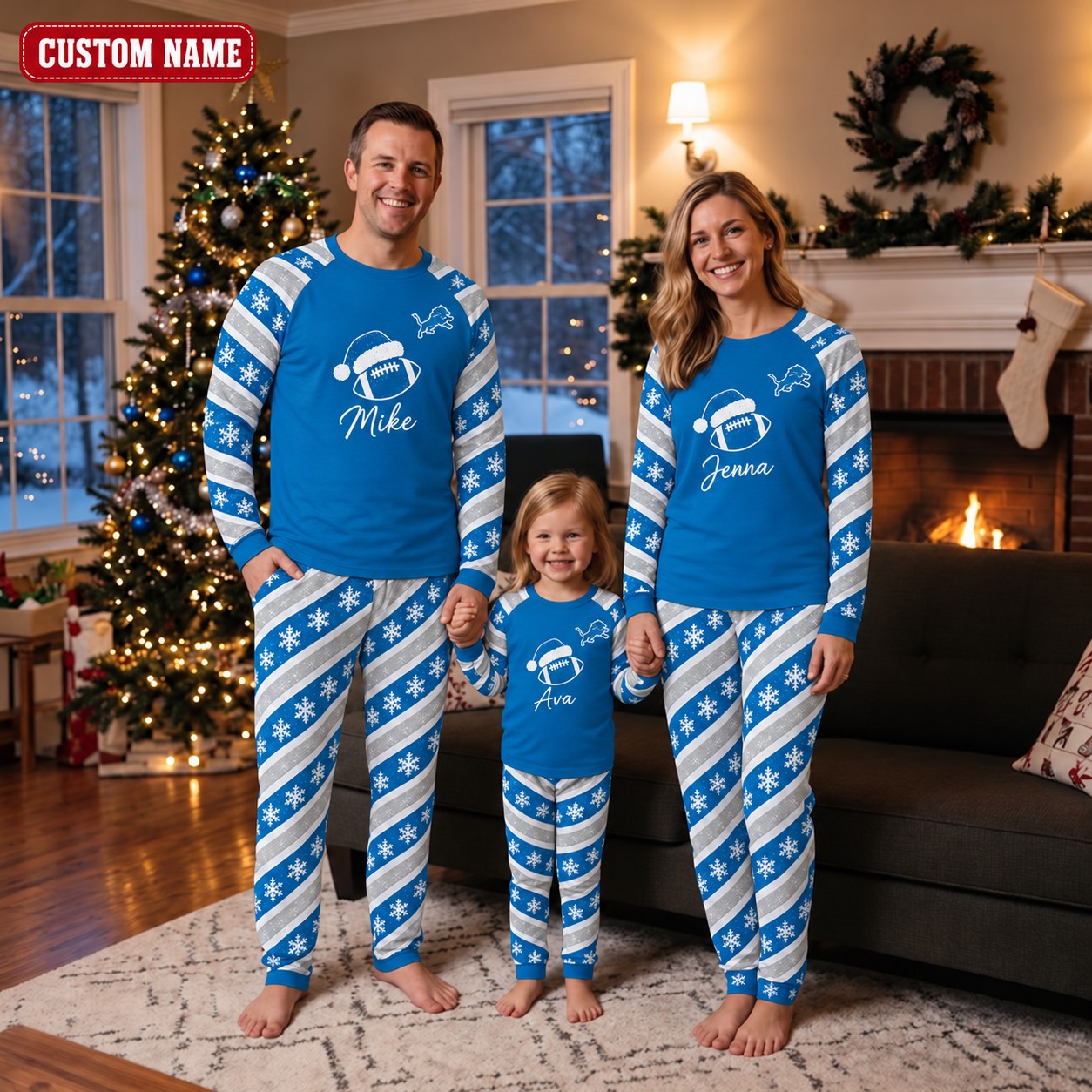Detroit Lions family Christmas pajamas, candy stripe design