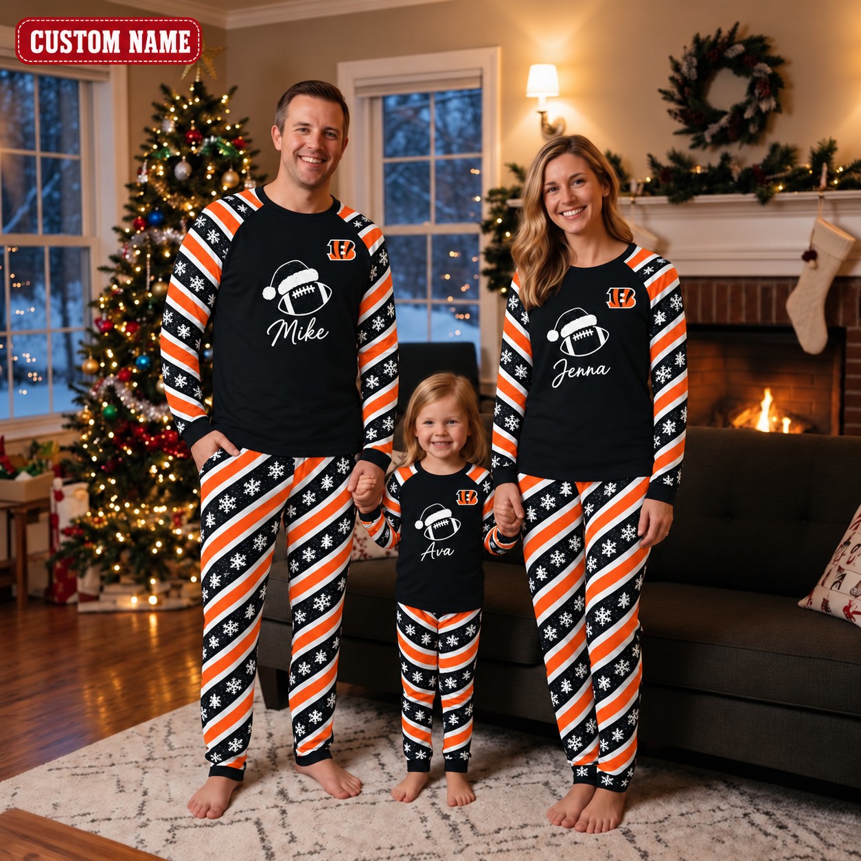 Cincinnati Bengals family Christmas pajamas, candy stripe design