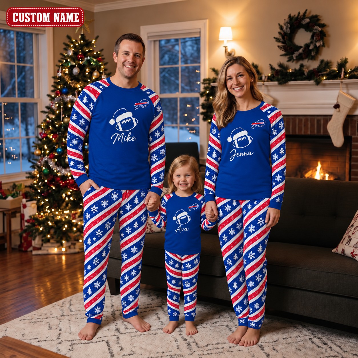 Buffalo Bills family Christmas pajamas, candy stripe design