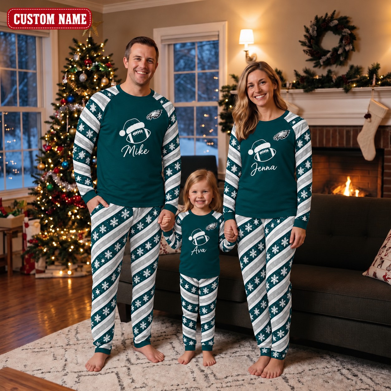 Philadelphia Eagles family Christmas pajamas, candy stripe design