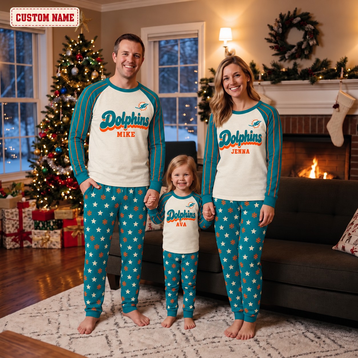 Miami Dolphins family Christmas pajamas, retro design