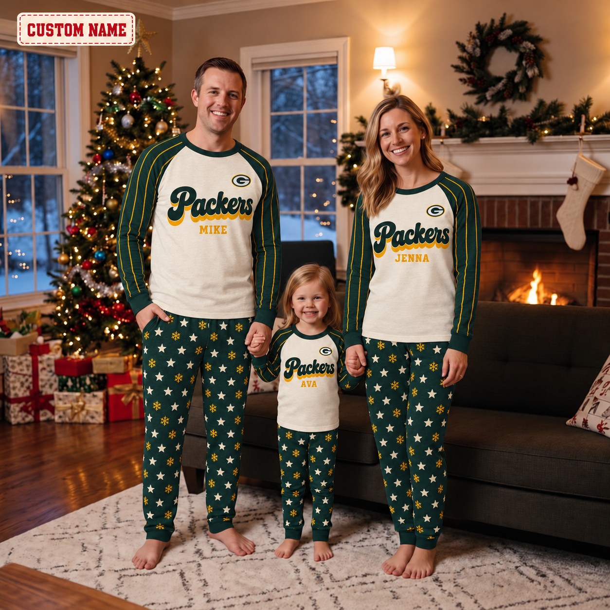 Green Bay Packers family Christmas pajamas, retro design