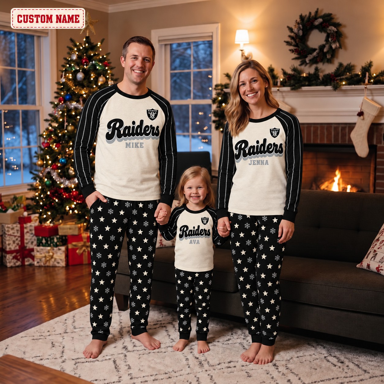 Las Vegas Raiders family Christmas pajamas, retro design