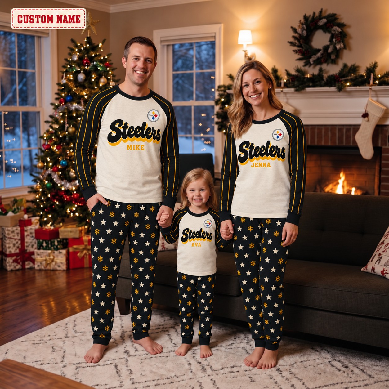 Pittsburgh Steelers family Christmas pajamas, retro design