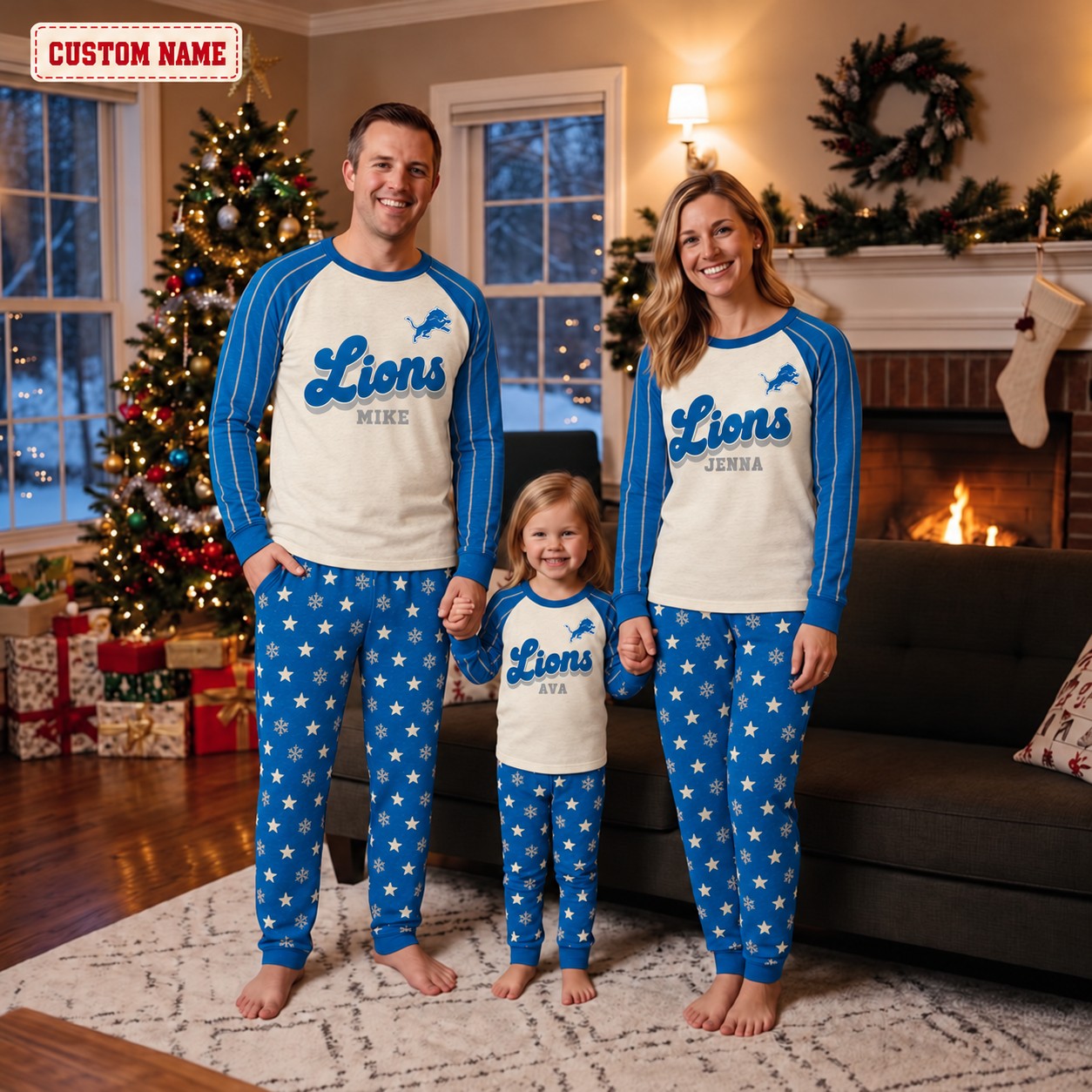 Detroit Lions family Christmas pajamas, retro design
