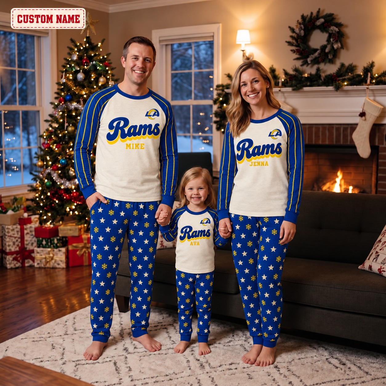 Los Angeles Rams family Christmas pajamas, retro design
