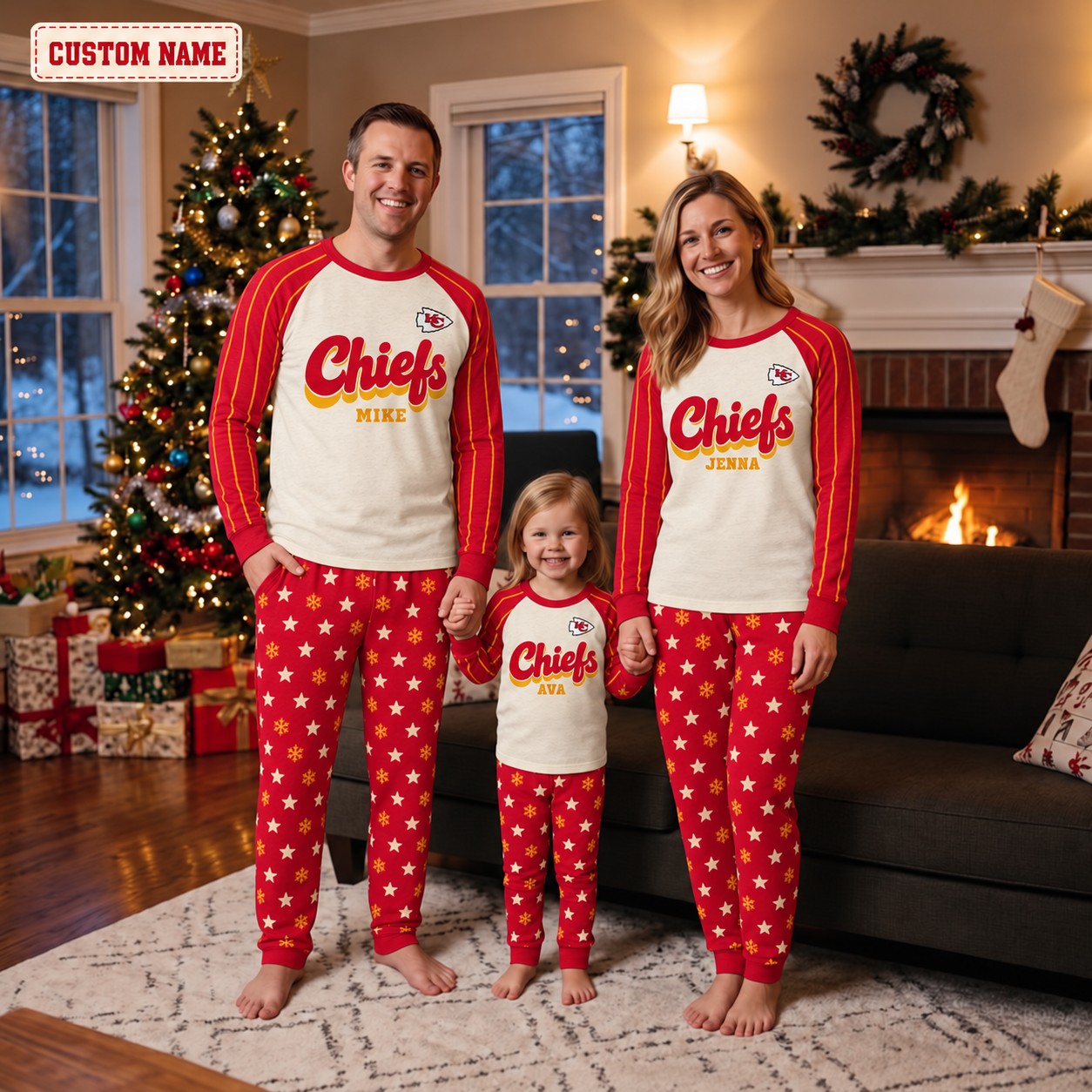 Kansas City Chiefs family Christmas pajamas, retro design