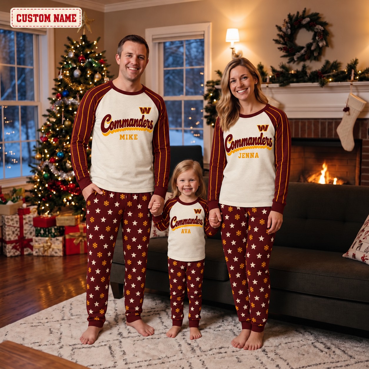 Washington Commanders family Christmas pajamas, retro design