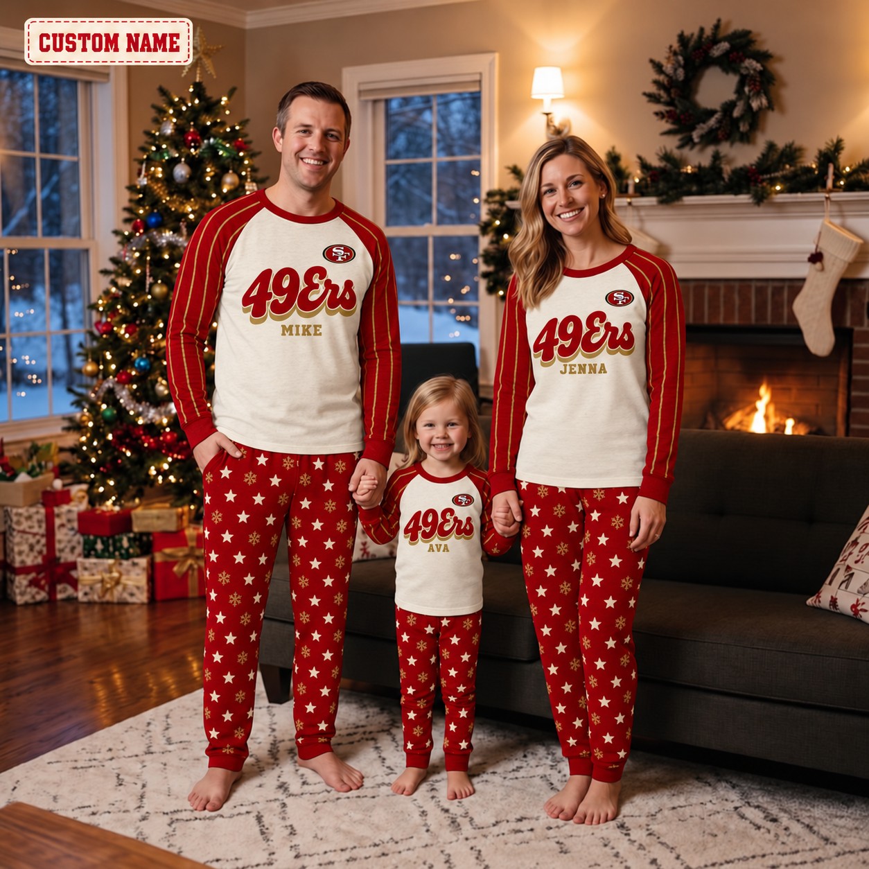 San Francisco 49ers family Christmas pajamas, retro design
