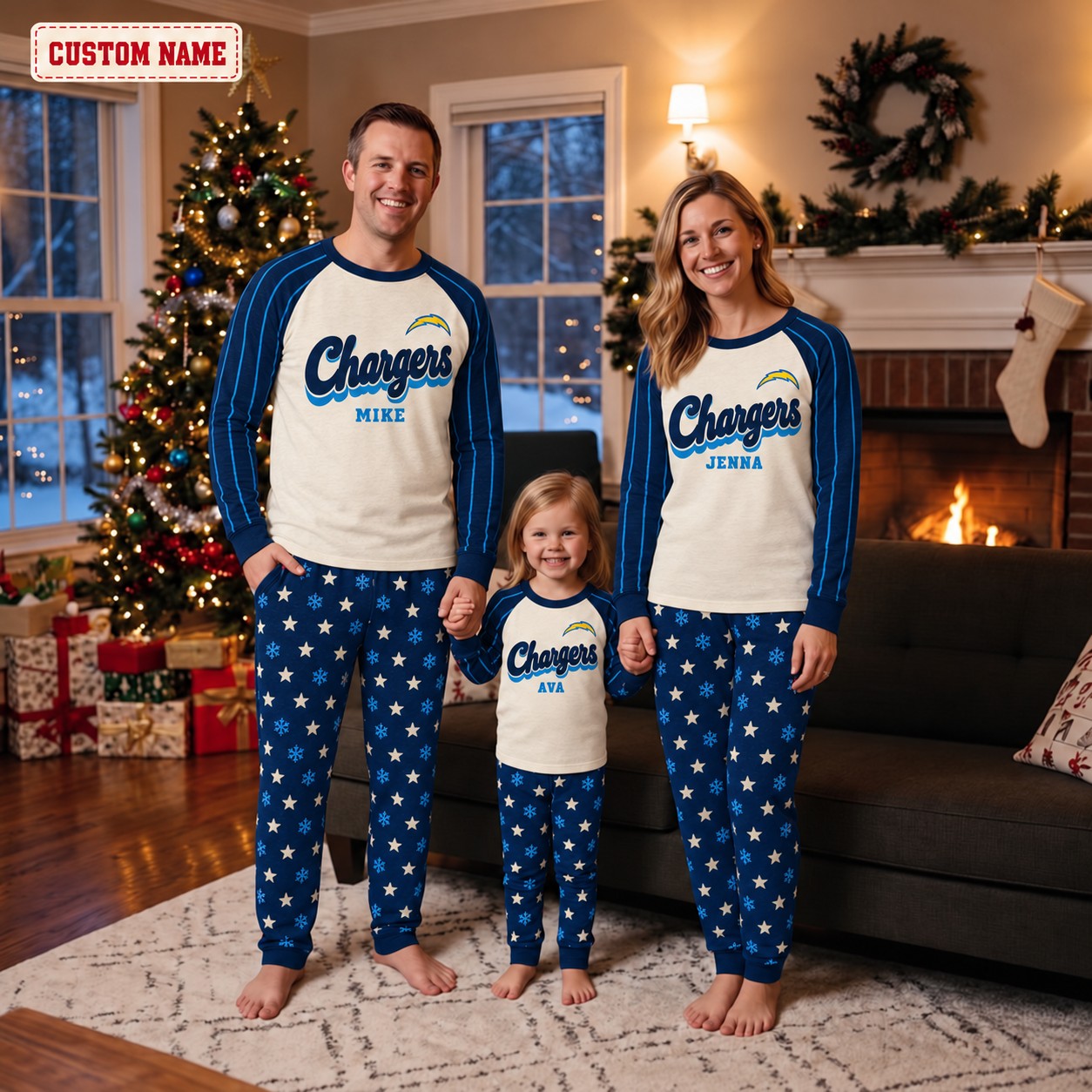 Los Angeles Chargers family Christmas pajamas, retro design