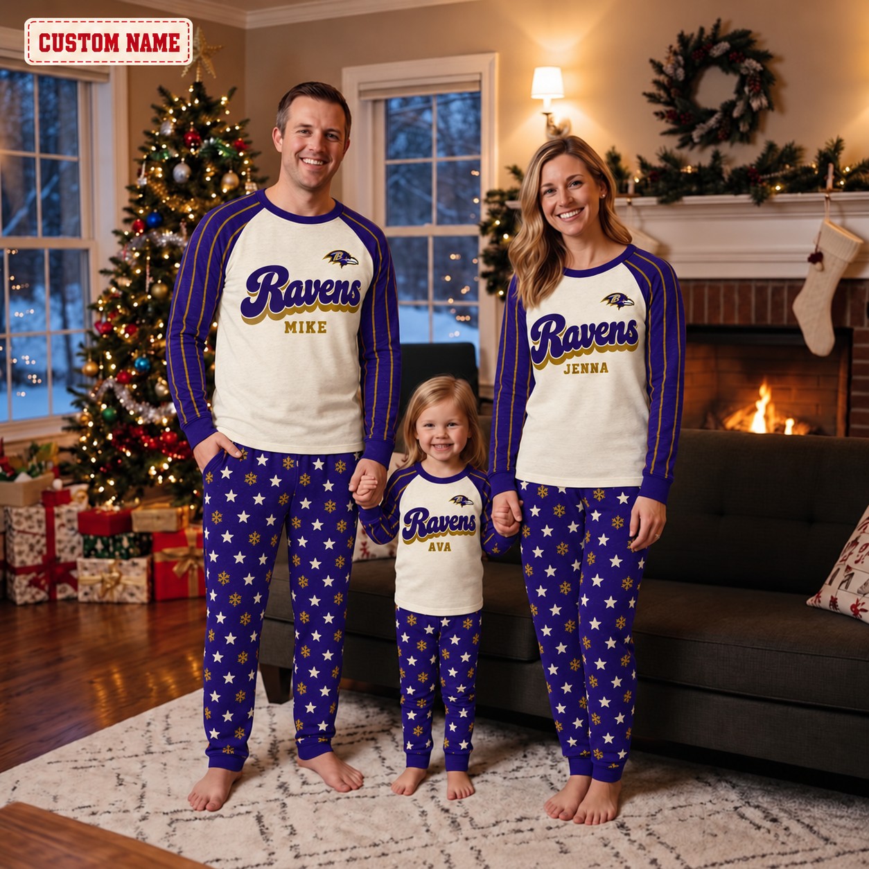 Baltimore Ravens family Christmas pajamas, retro design
