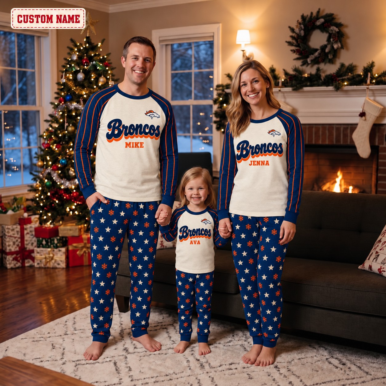 Denver Broncos family Christmas pajamas, retro design
