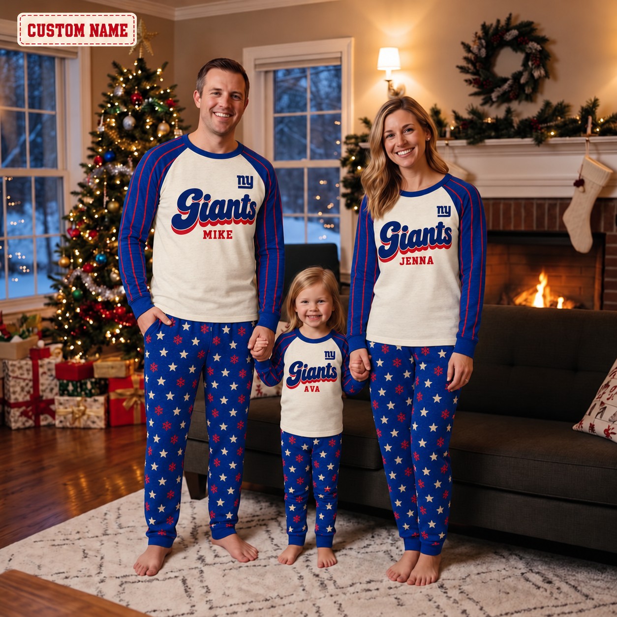 New York Giants family Christmas pajamas, retro design