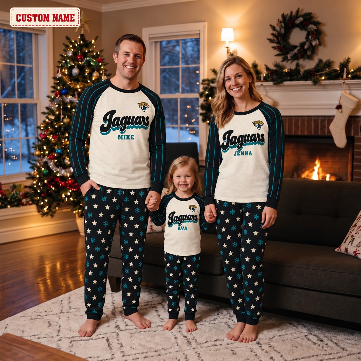 Jacksonville Jaguars family Christmas pajamas, retro design