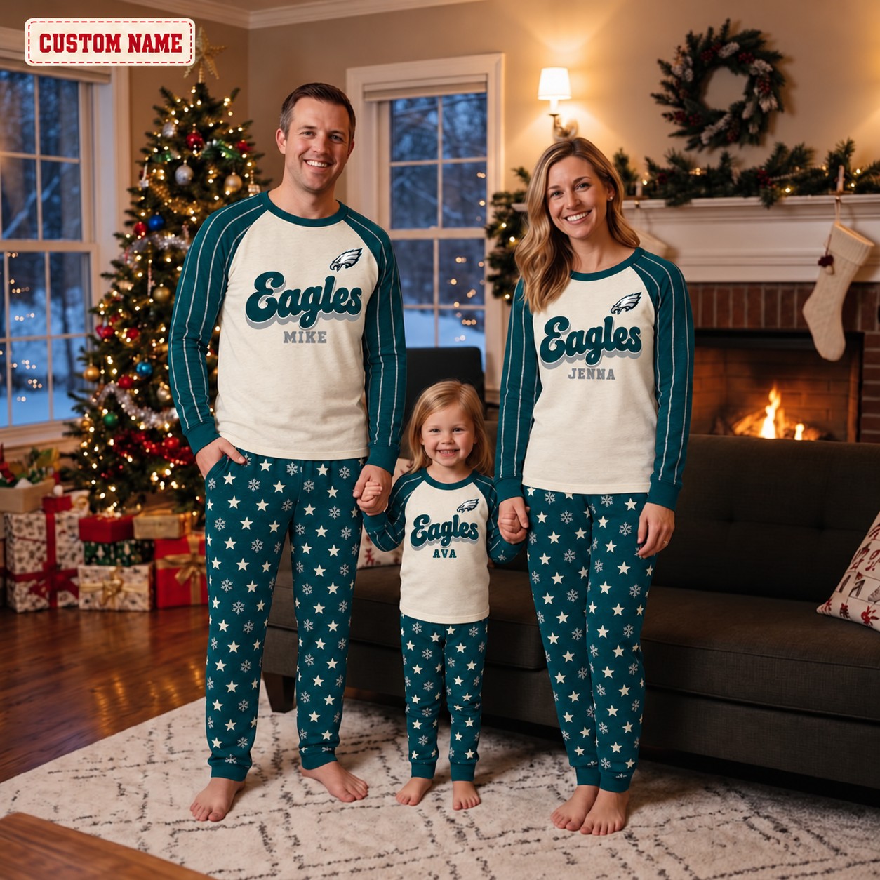 Philadelphia Eagles family Christmas pajamas, retro design