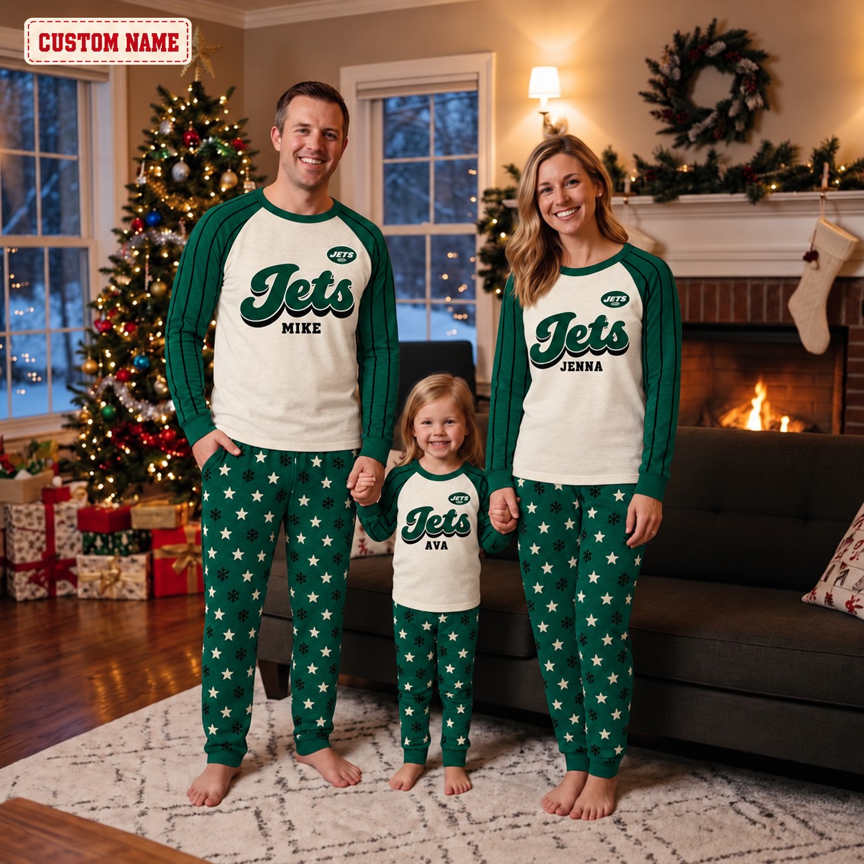 New York Jets family Christmas pajamas, retro design
