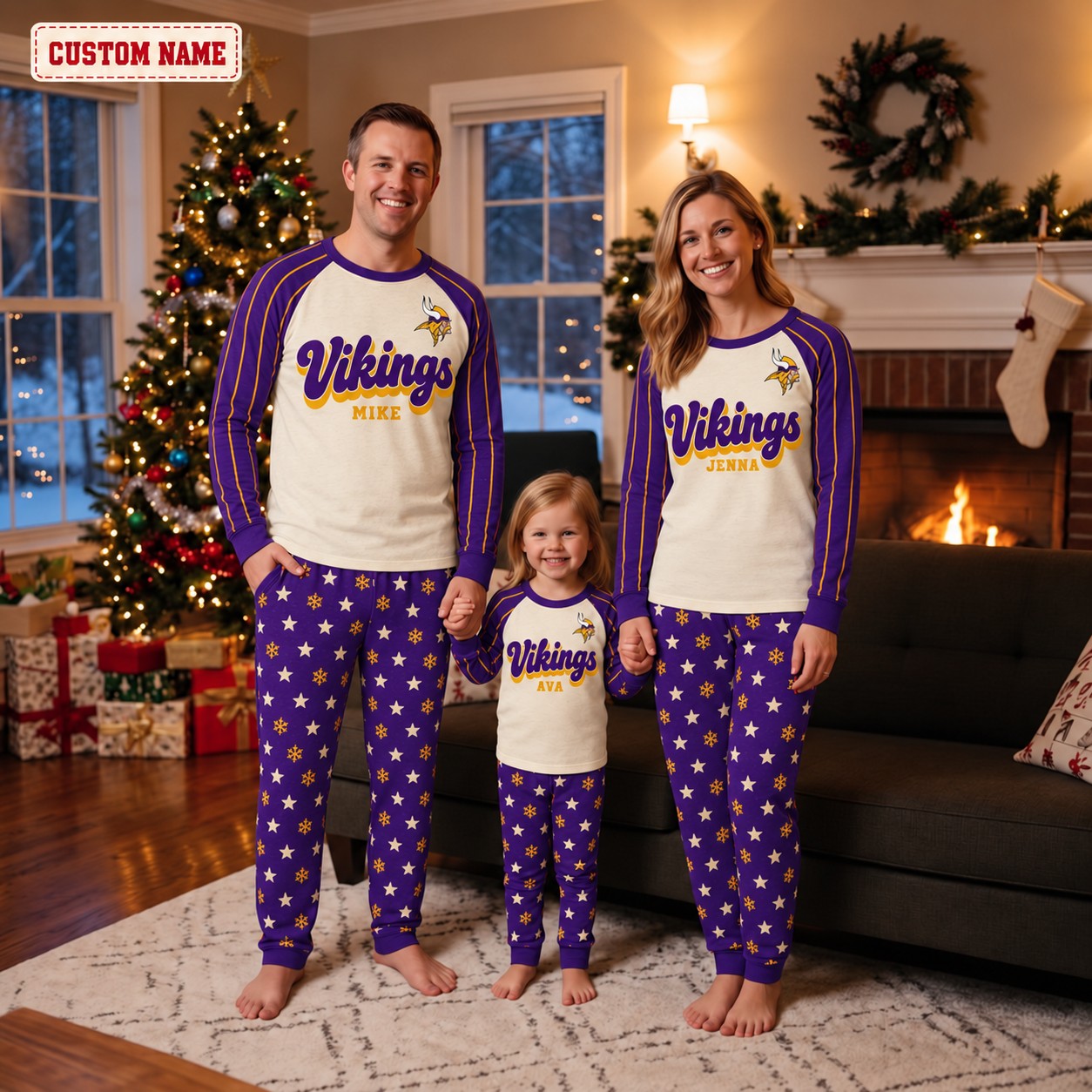 Minnesota Vikings family Christmas pajamas, retro design