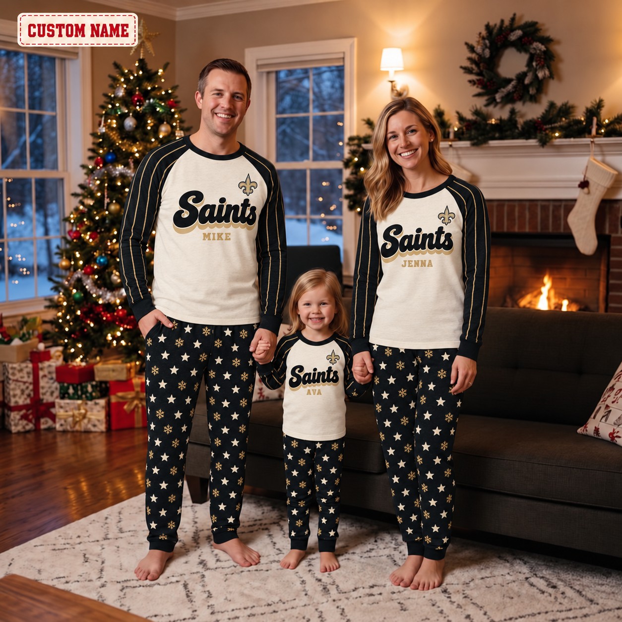 New Orleans Saints family Christmas pajamas, retro design