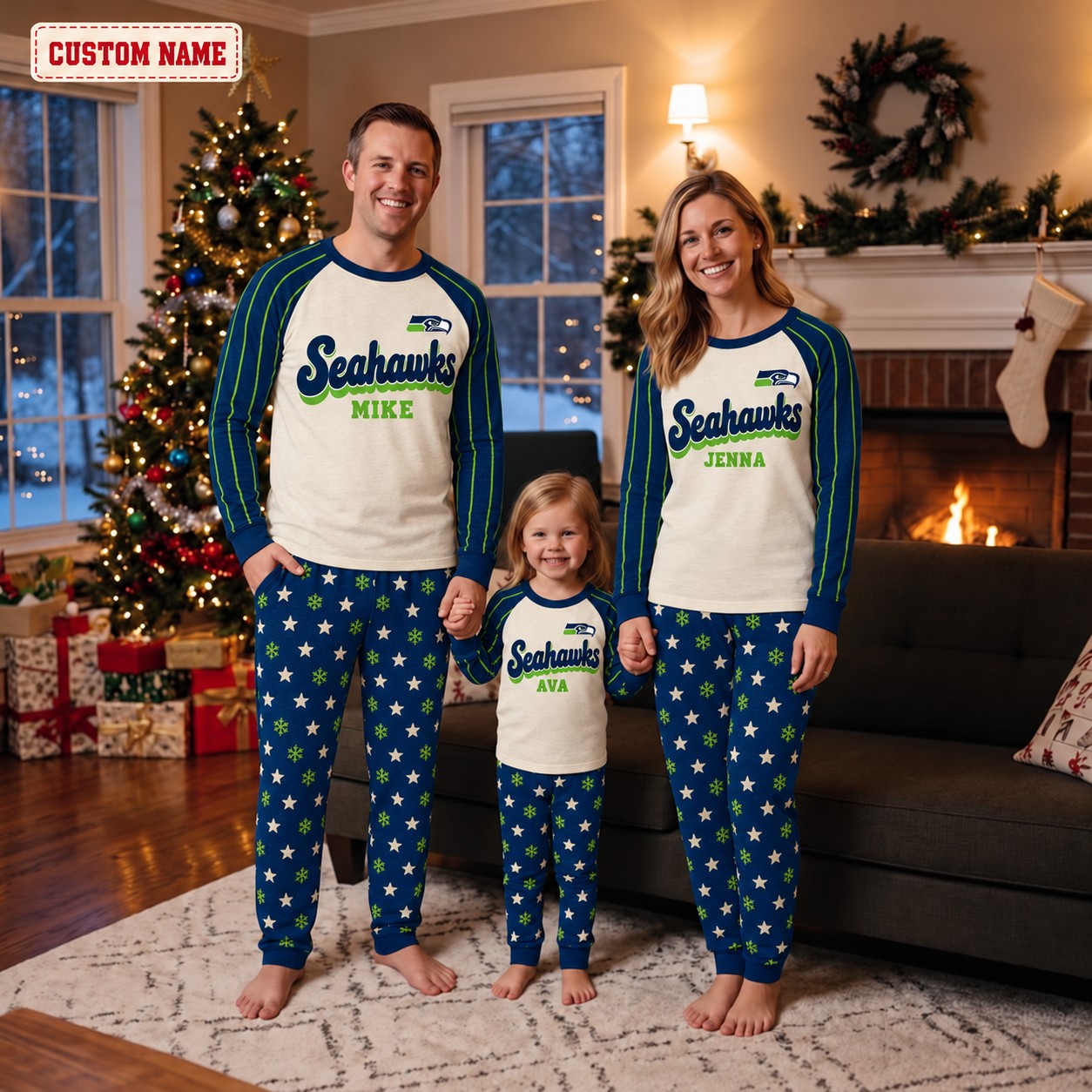 Seattle Seahawks family Christmas pajamas, retro design