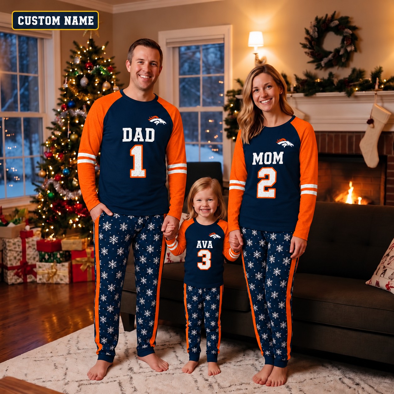Denver Broncos family Christmas pajamas, jersey design