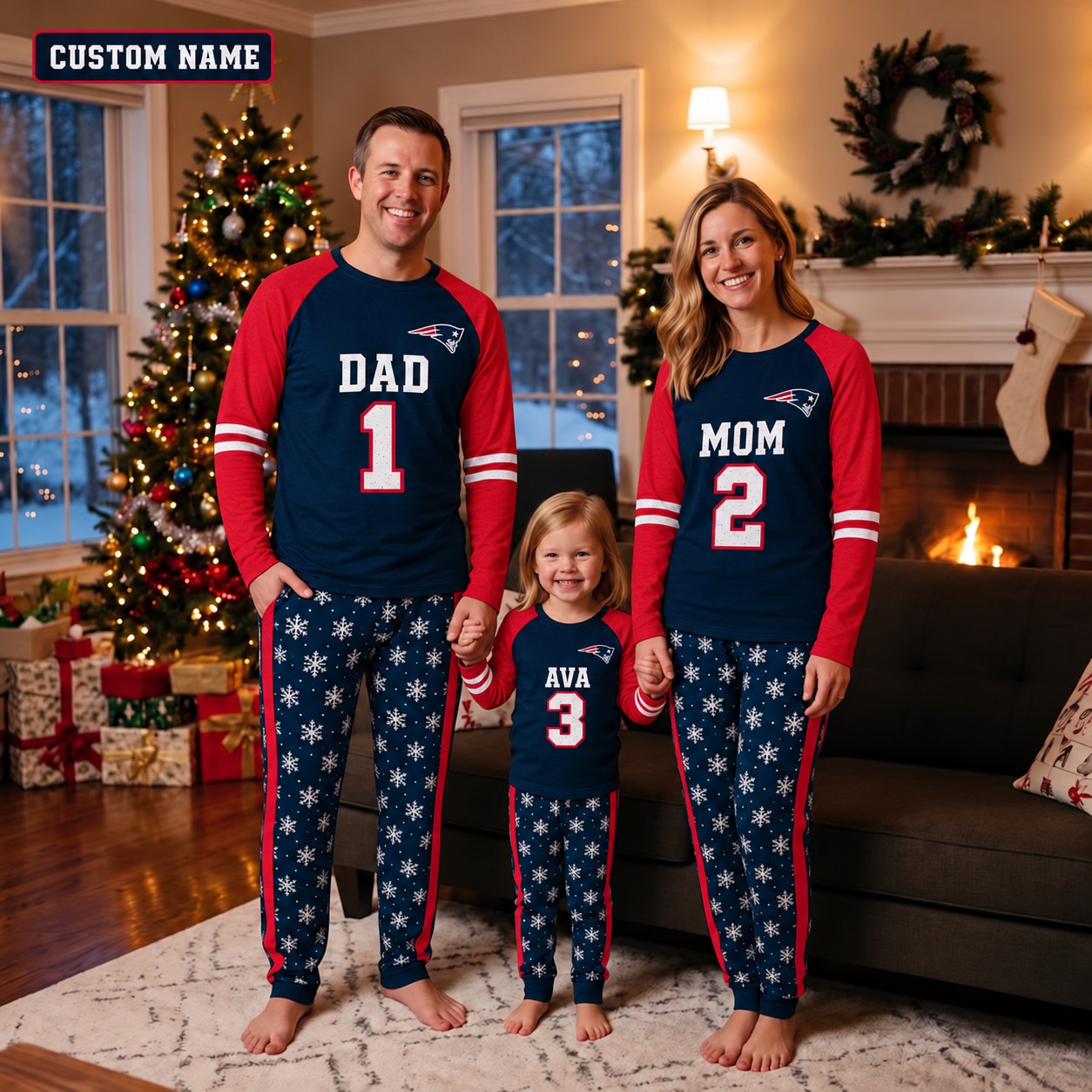 New England Patriots family Christmas pajamas, jersey design