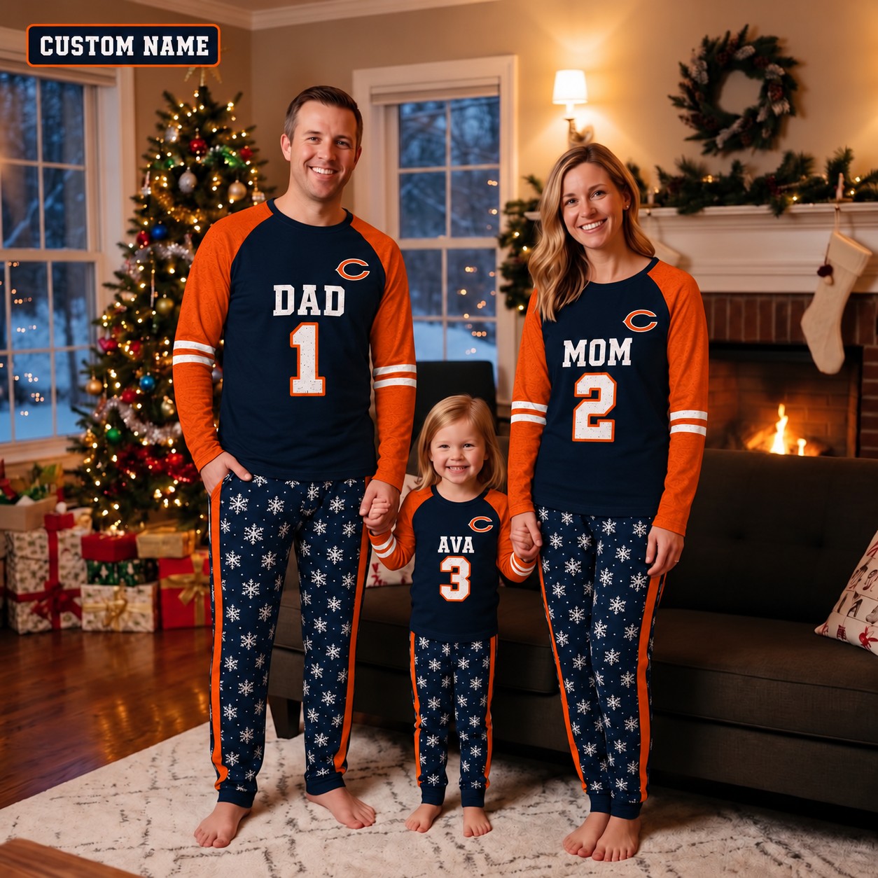 Chicago Bears family Christmas pajamas, jersey design