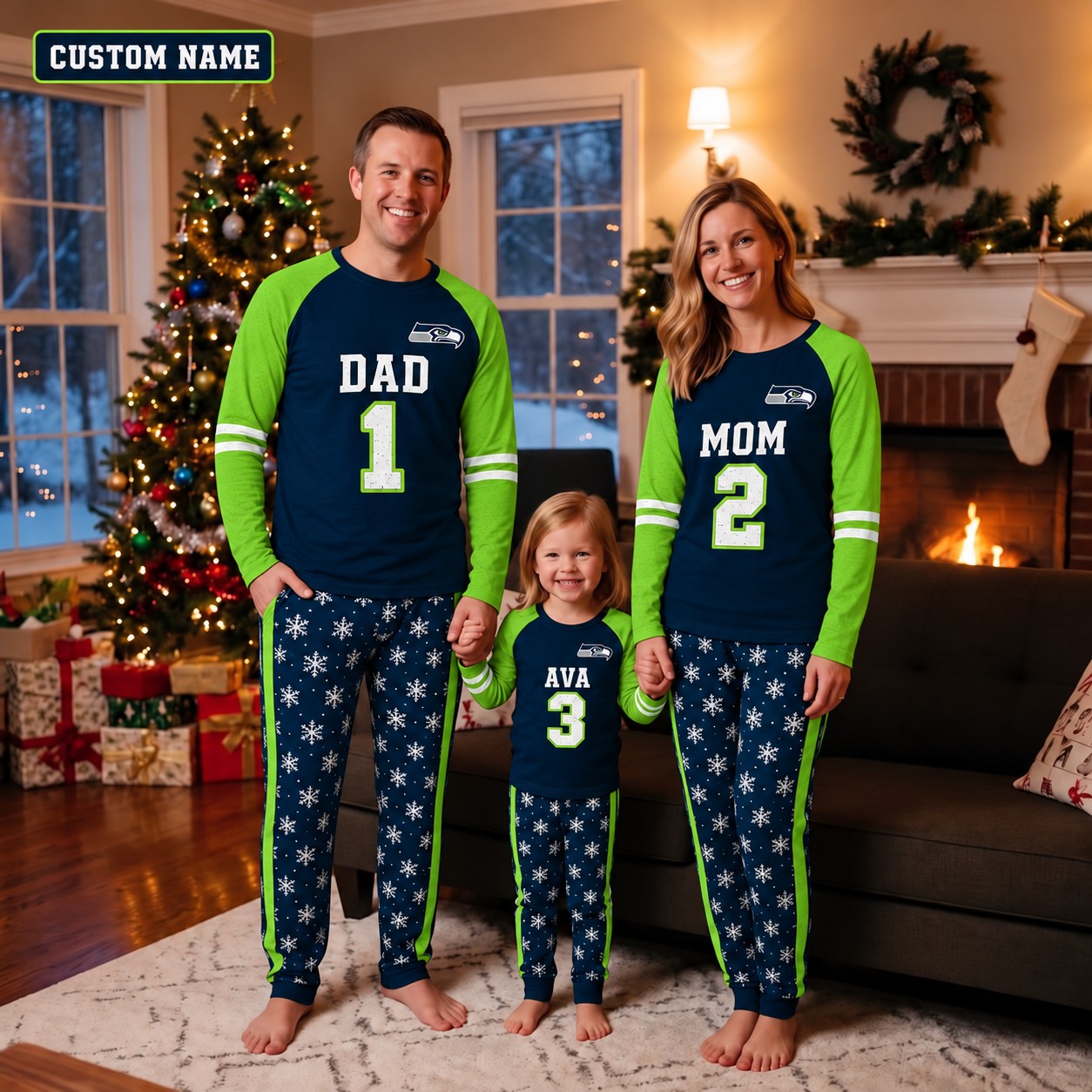 Seattle Seahawks family Christmas pajamas, jersey design