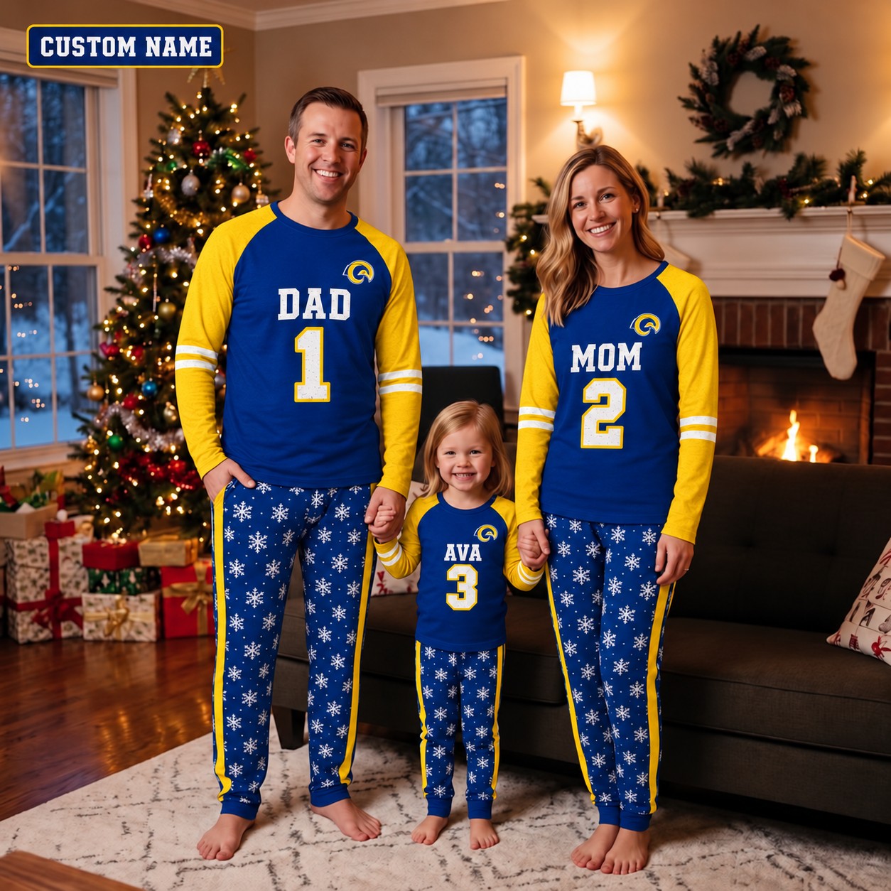 Los Angeles Rams family Christmas pajamas, jersey design