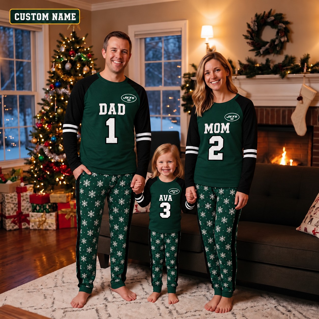 New York Jets family Christmas pajamas, jersey design