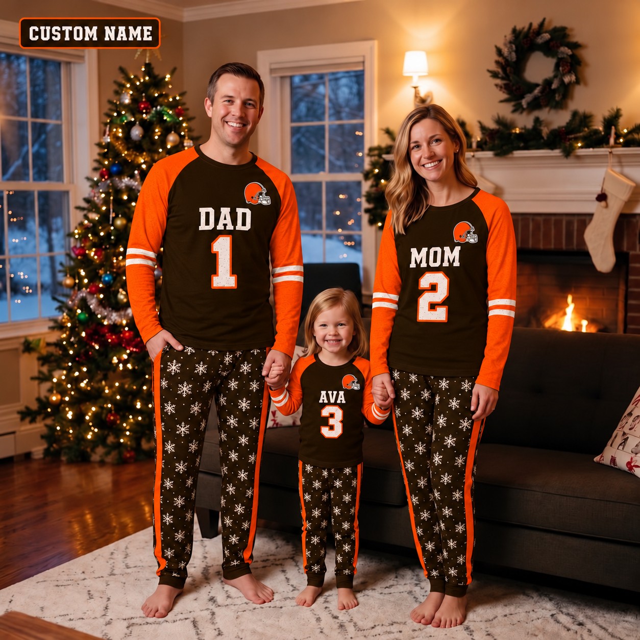 Cleveland Browns family Christmas pajamas, jersey design