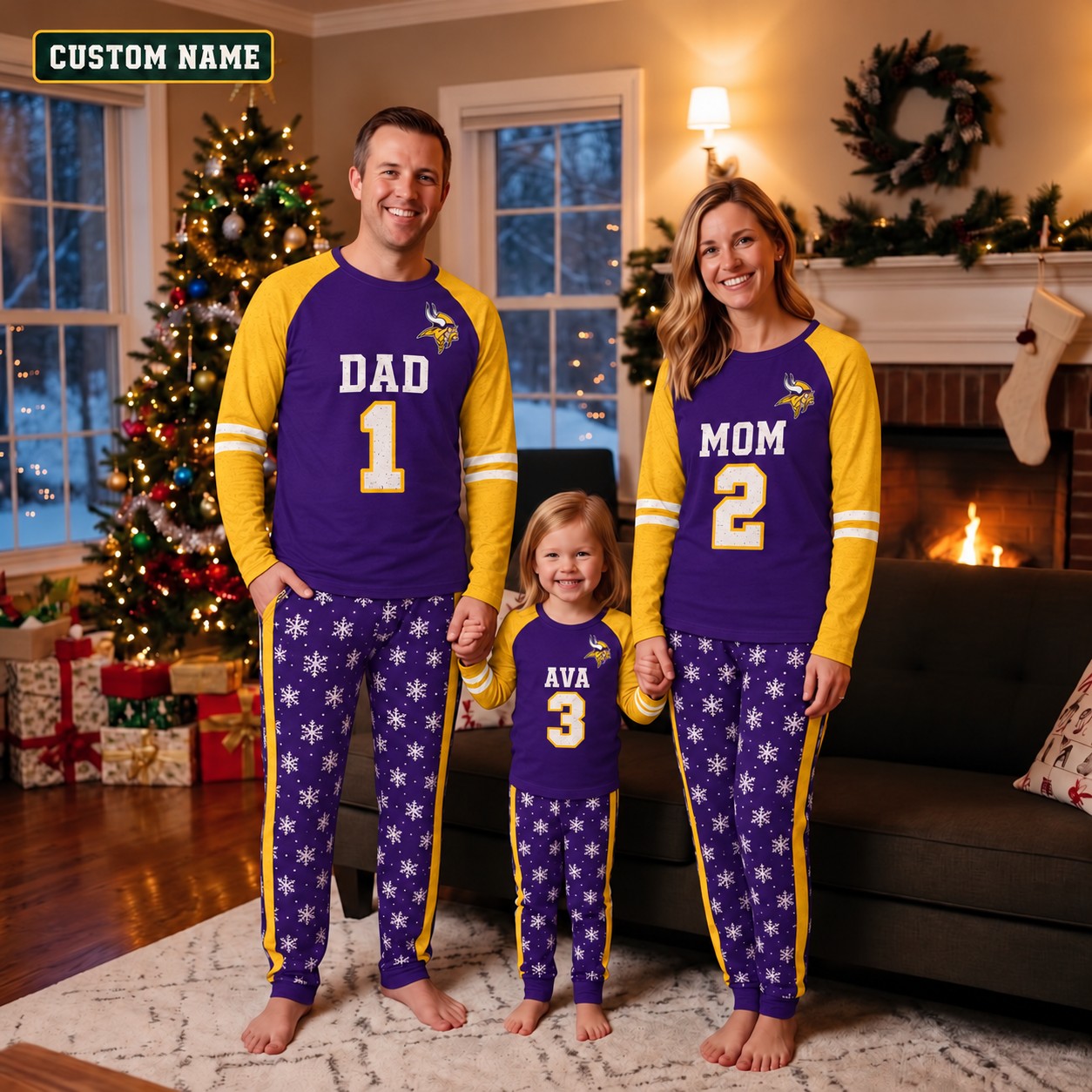 Minnesota Vikings family Christmas pajamas, jersey design