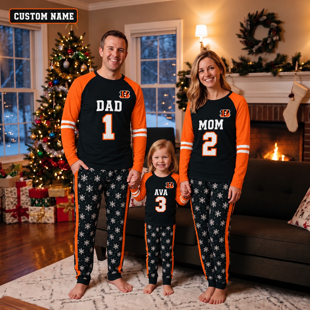Cincinnati Bengals family Christmas pajamas, jersey design