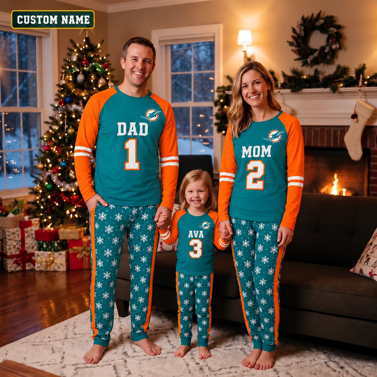 Miami Dolphins family Christmas pajamas, jersey design