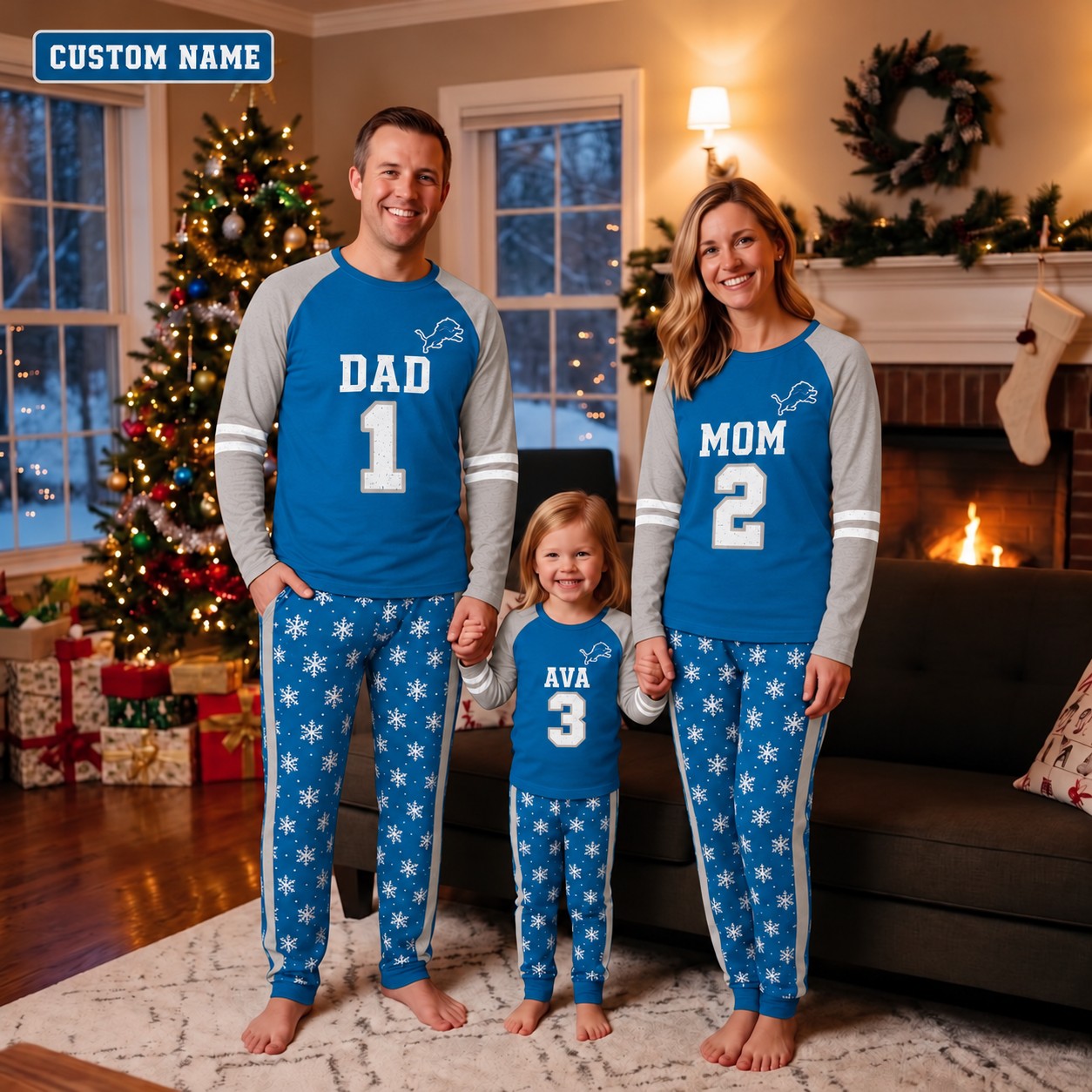 Detroit Lions family Christmas pajamas, jersey design