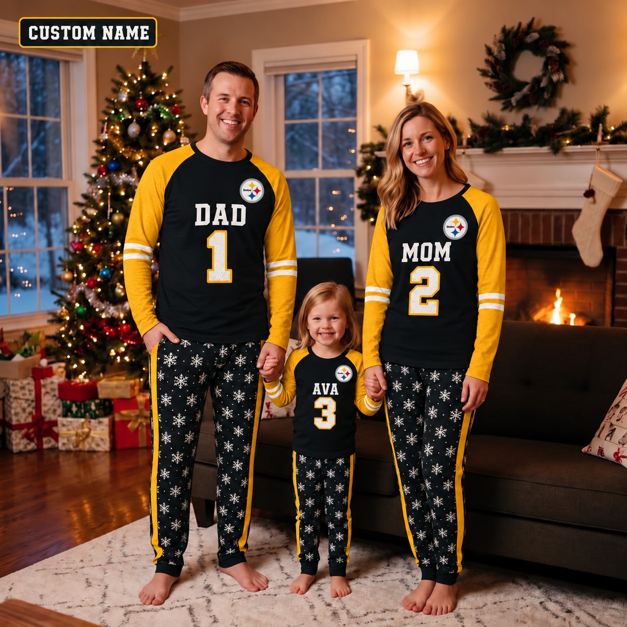 Pittsburgh Steelers family Christmas pajamas, jersey design