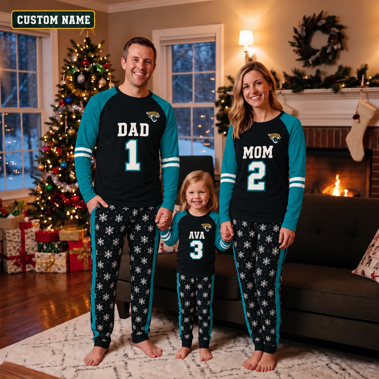 Jacksonville Jaguars family Christmas pajamas, jersey design
