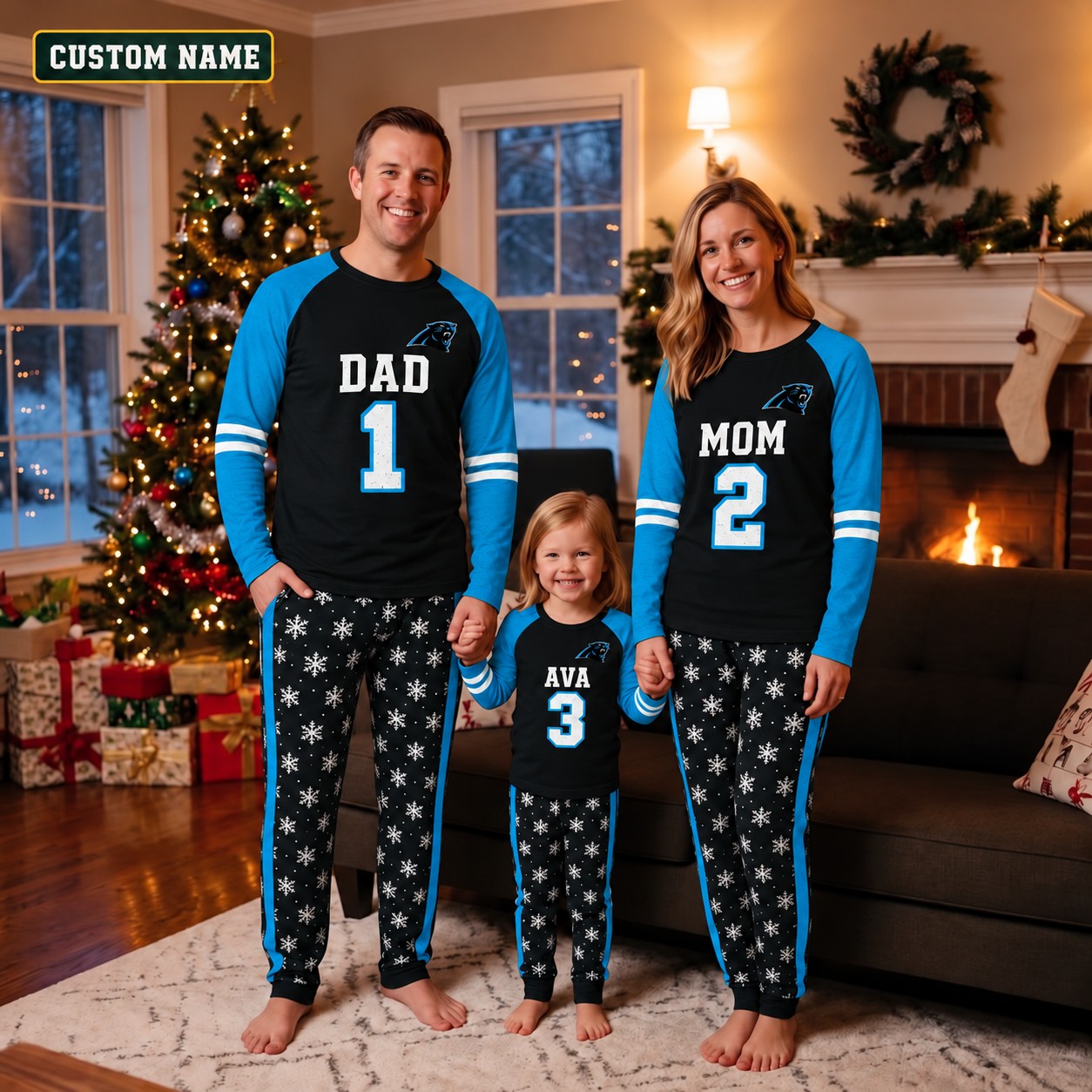 Carolina Panthers family Christmas pajamas, jersey design