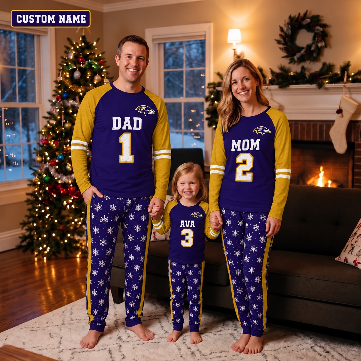 Baltimore Ravens family Christmas pajamas, jersey design