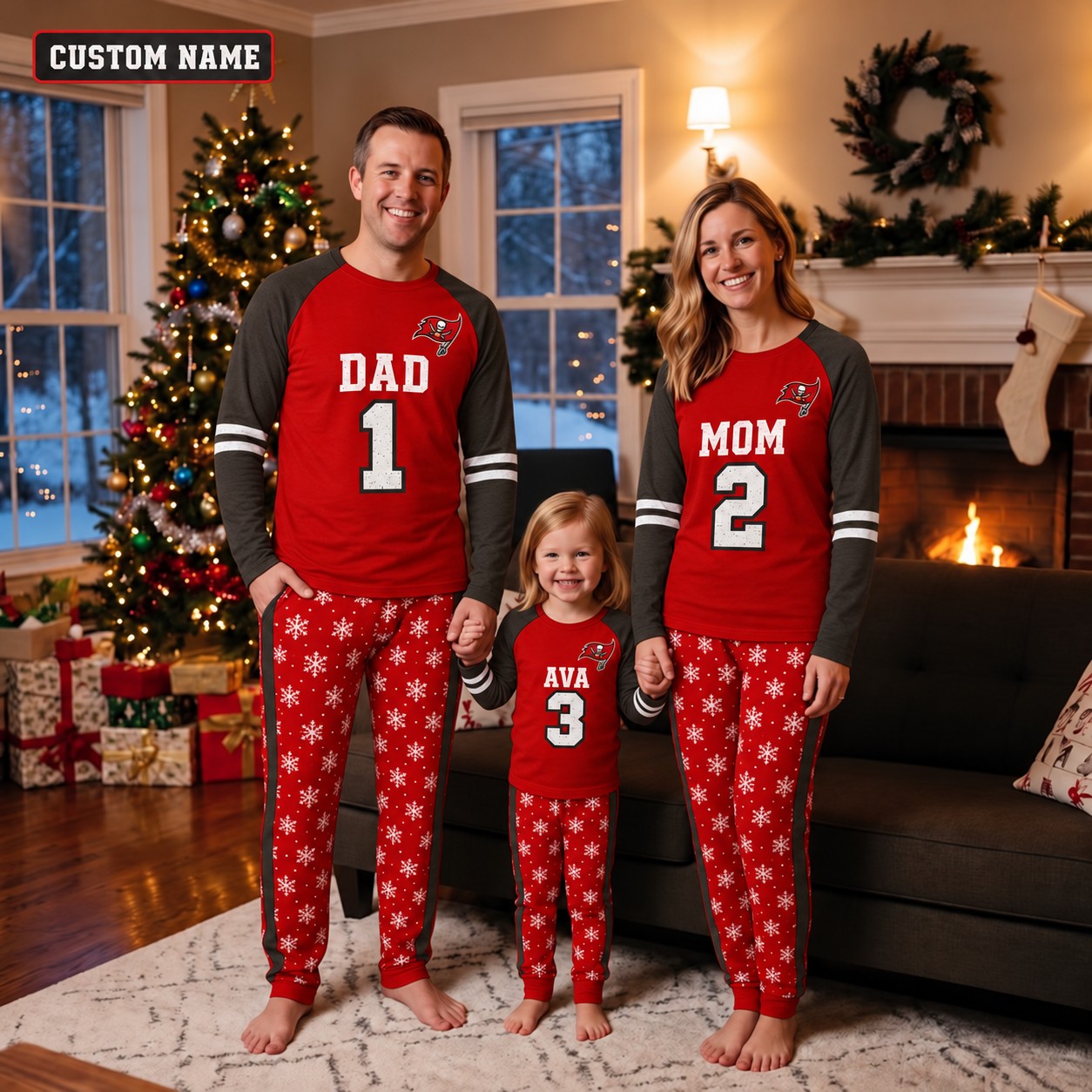 Tampa Bay Buccaneers family Christmas pajamas, jersey design