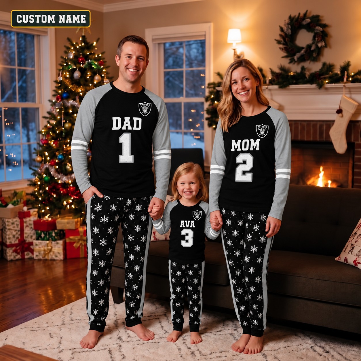 Las Vegas Raiders family Christmas pajamas, jersey design
