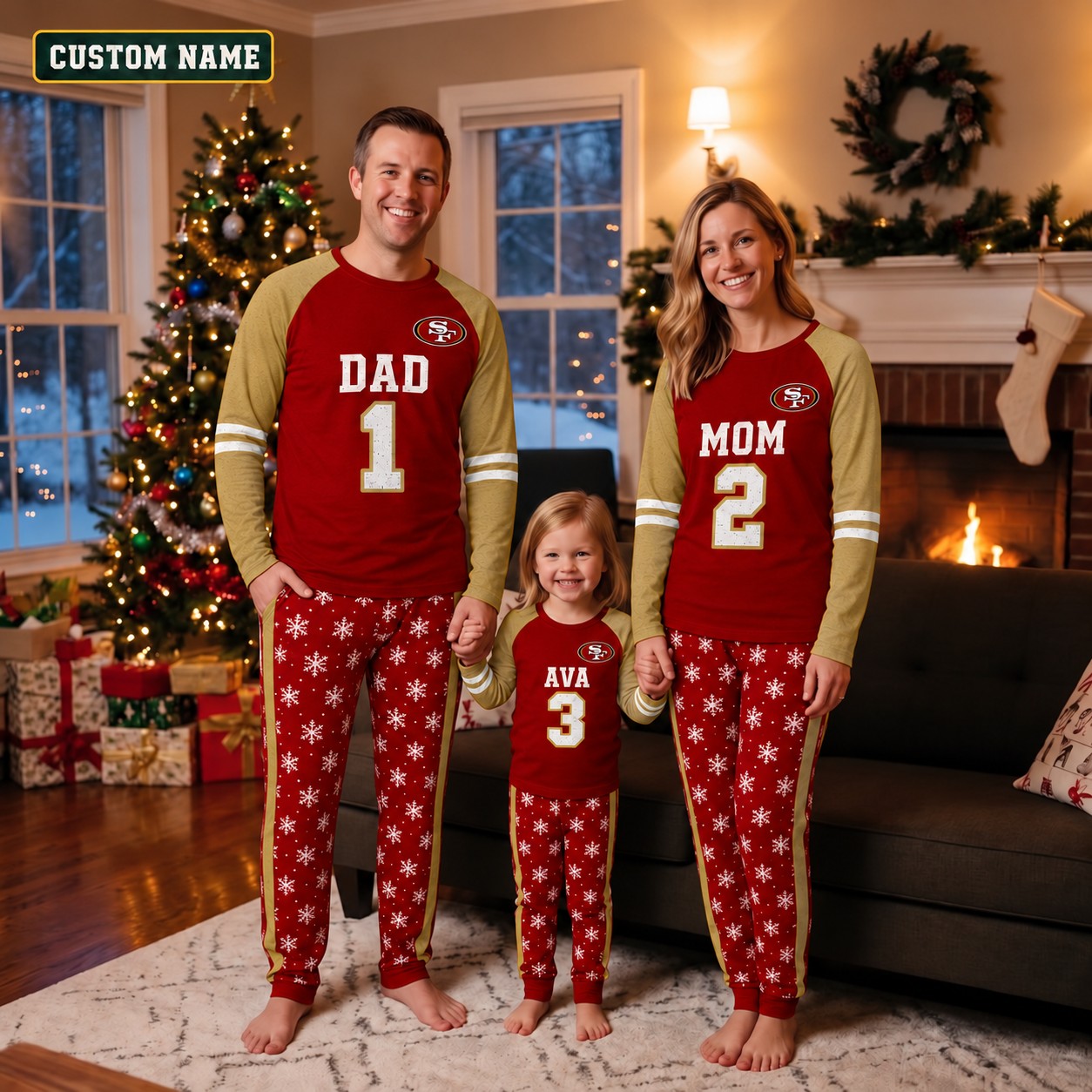 San Francisco 49ers family Christmas pajamas, jersey design