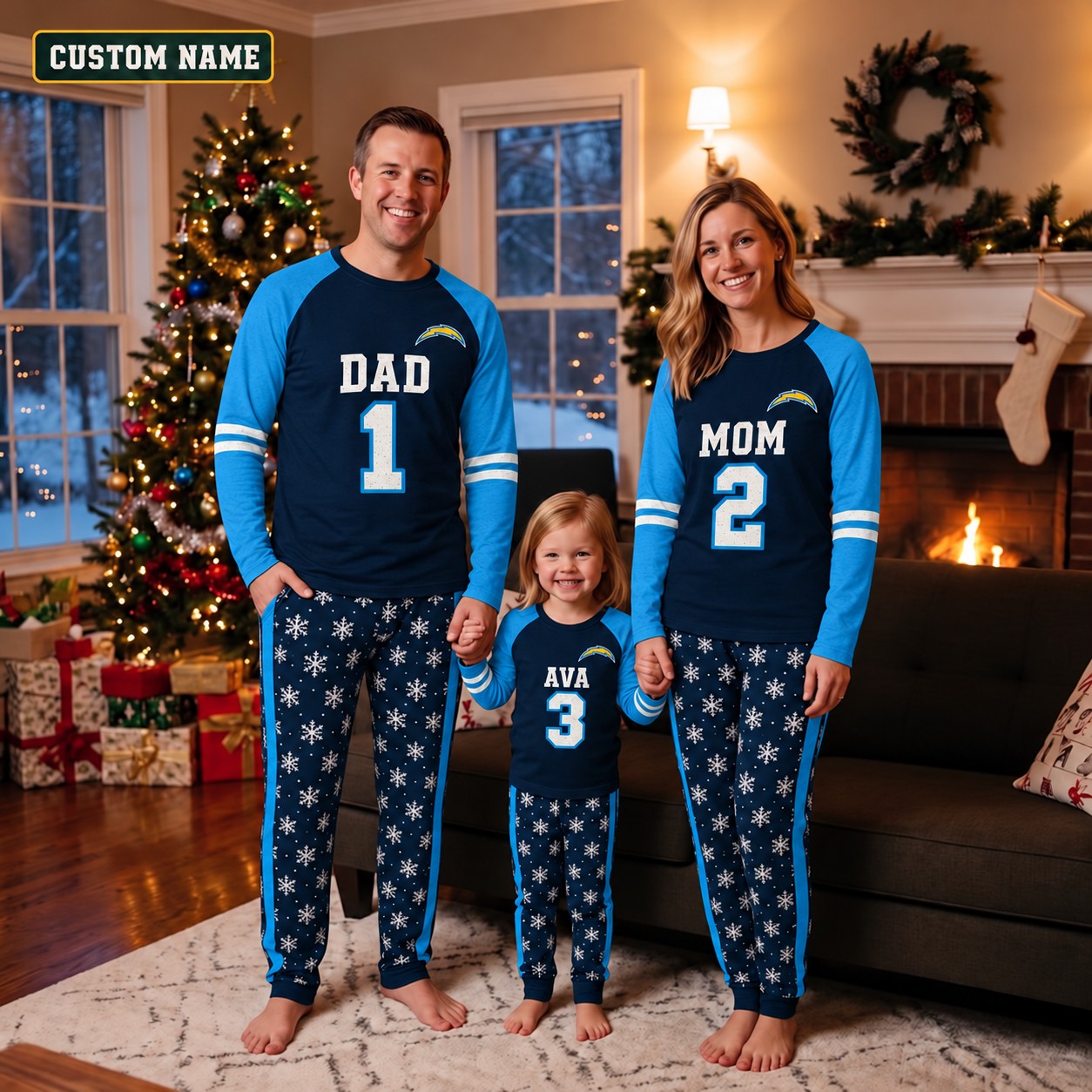 Los Angeles Chargers family Christmas pajamas, jersey design