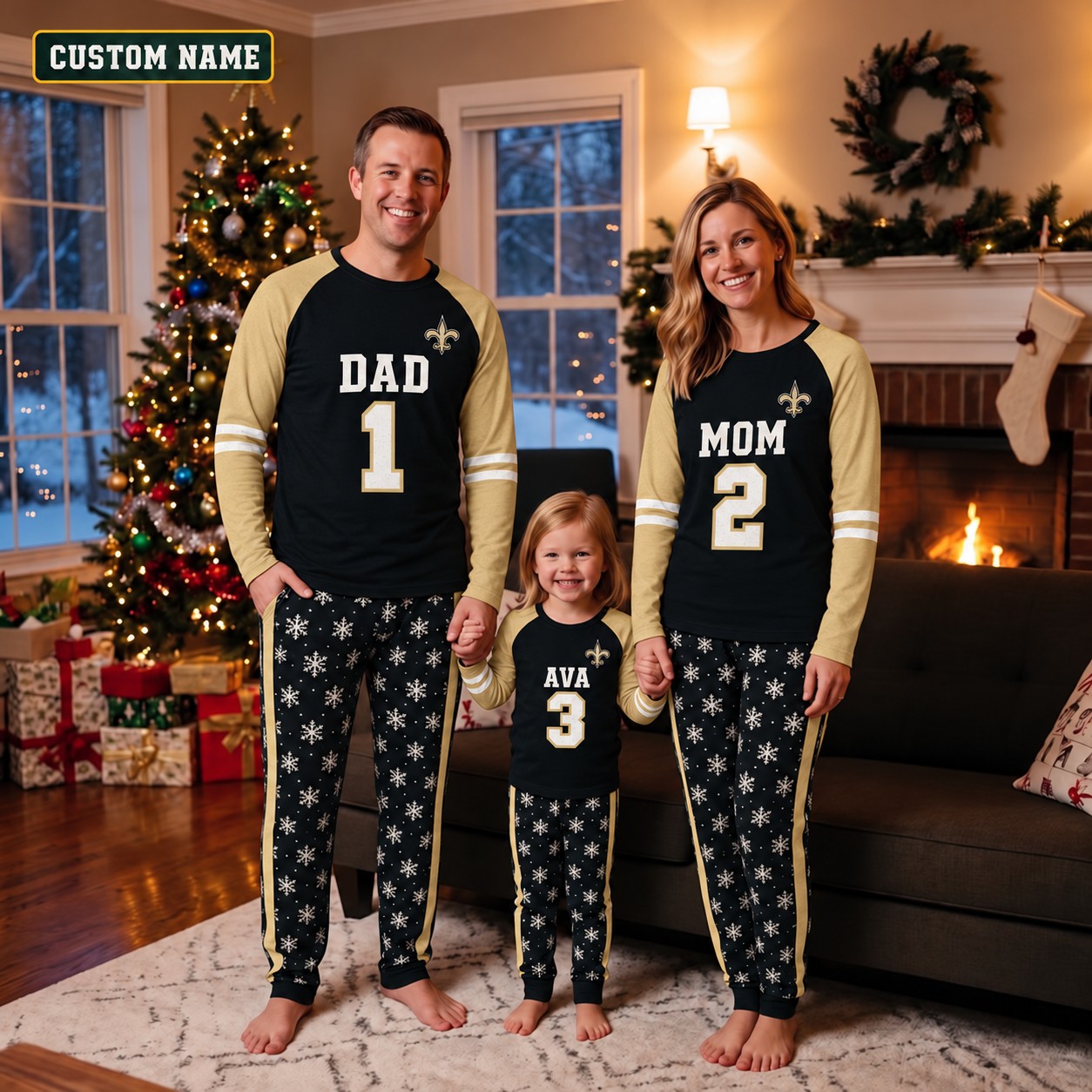New Orleans Saints family Christmas pajamas, jersey design
