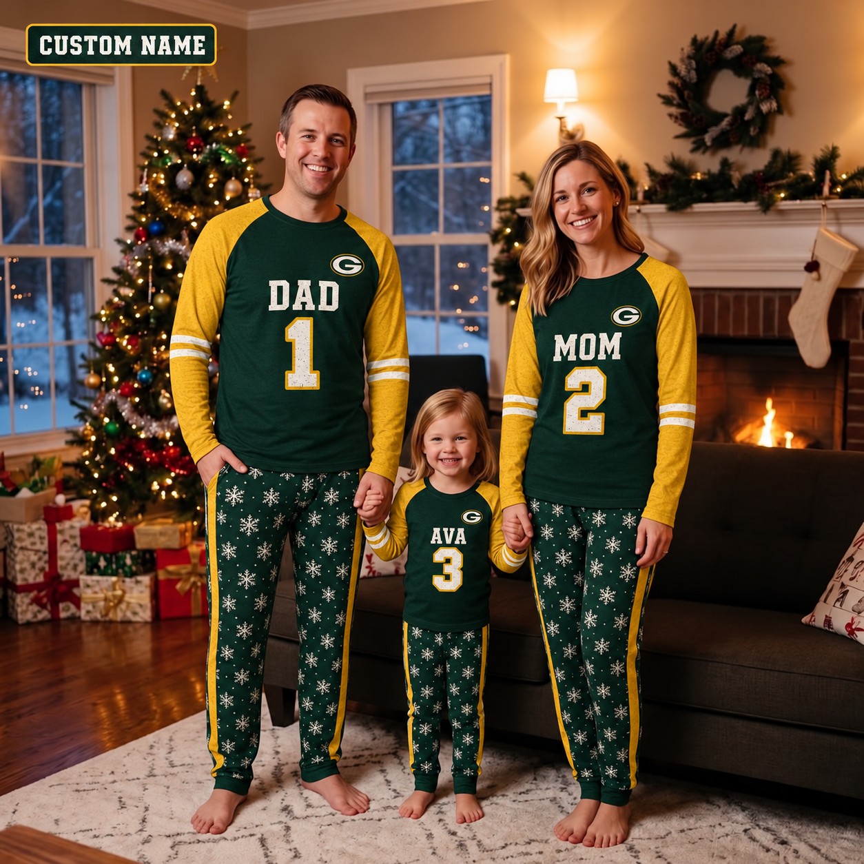 Green Bay Packers family Christmas pajamas, jersey design