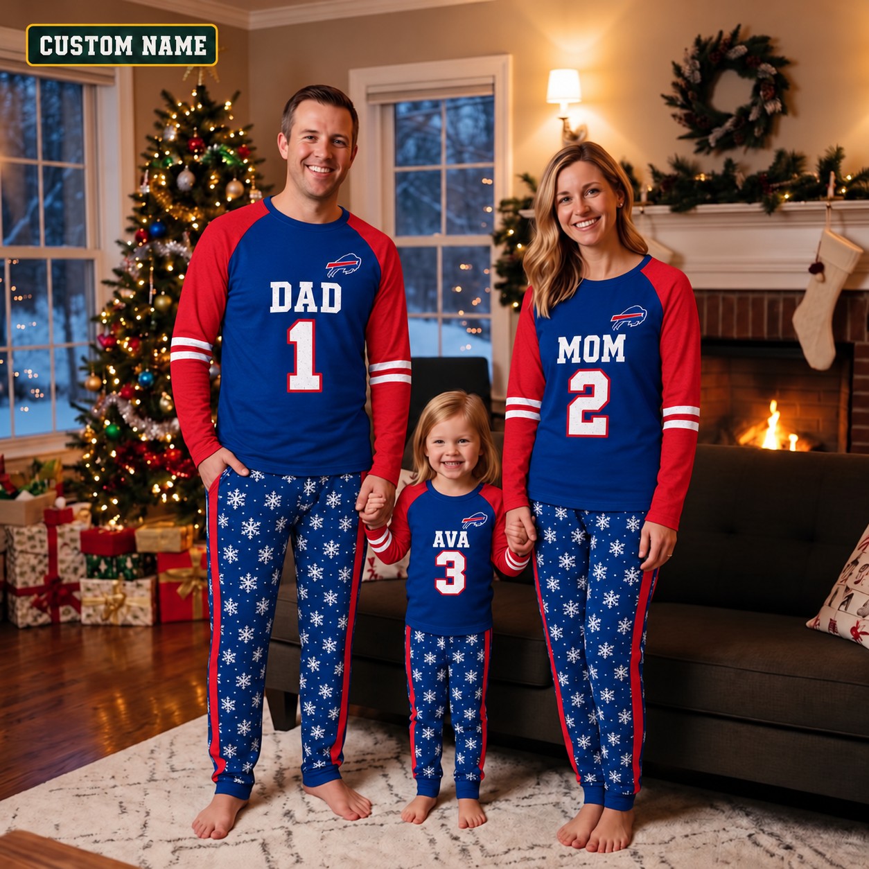 Buffalo Bills family Christmas pajamas, jersey design